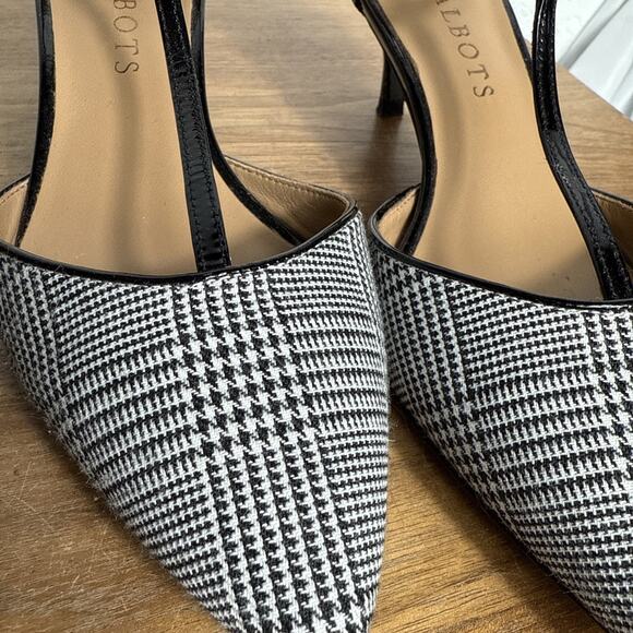 Talbots Black White Houndstooth Plaid Size 5 Heels T Strap Patent Leather EUC - Picture 3 of 9